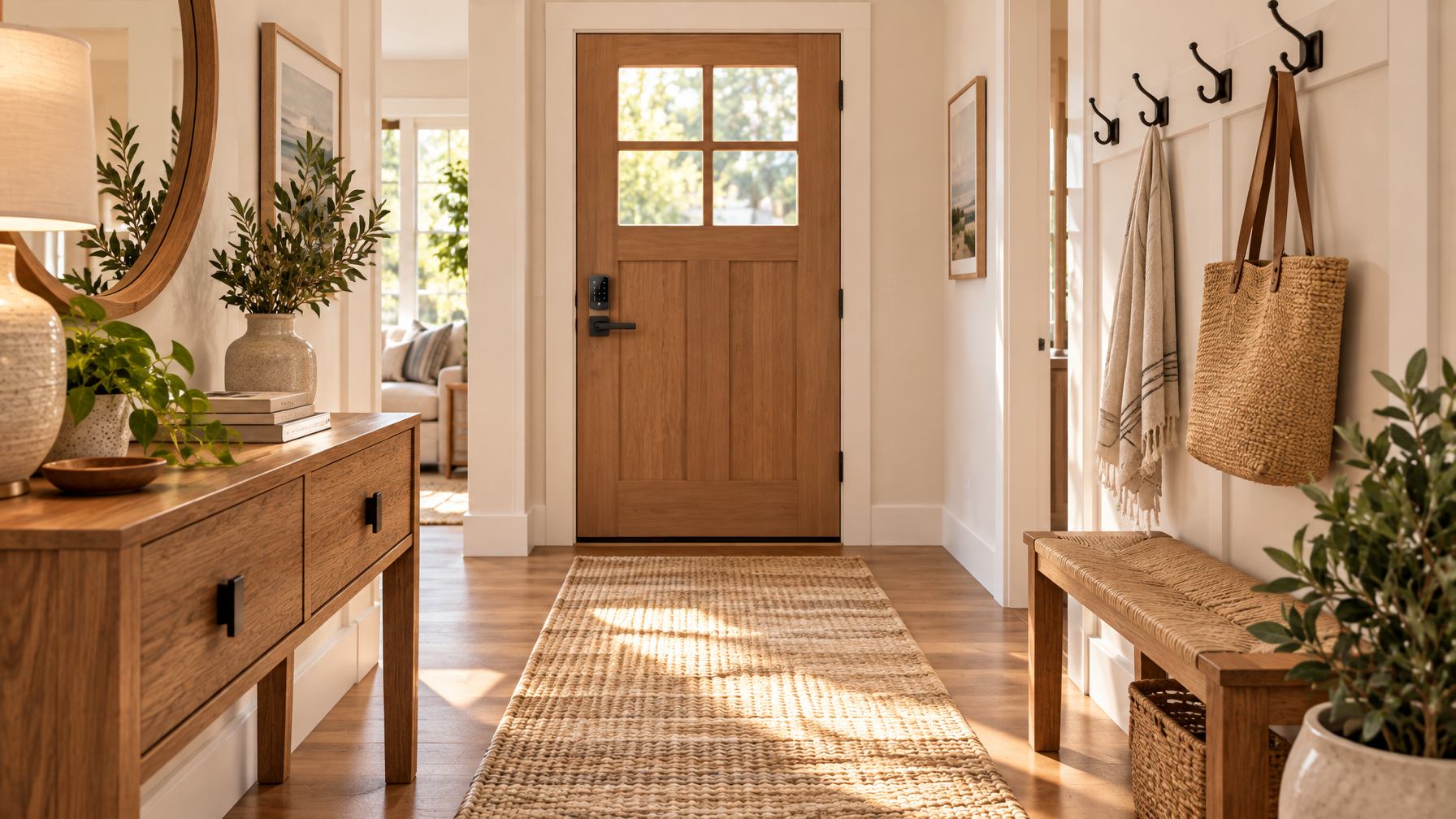 Interior hallway looking toward a closed front door with a smart lock, runner rug and coat rack