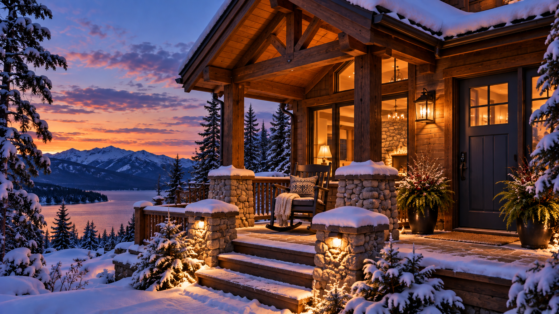 Vacation rental porch at dusk with a navy front door, lit smart keypad and sconce lighting