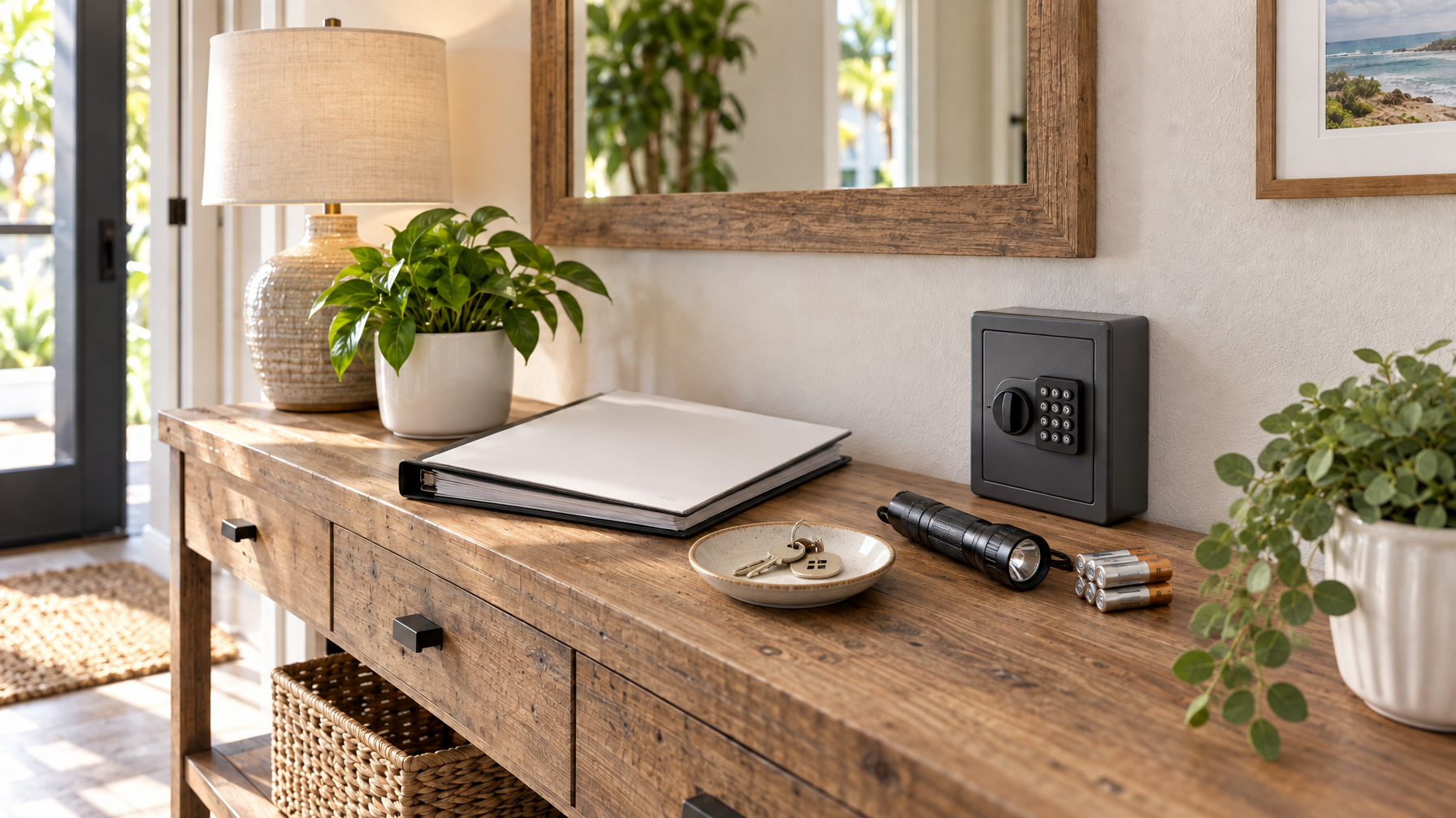 Vacation rental foyer console table with a physical key safe, spare batteries and a guest binder