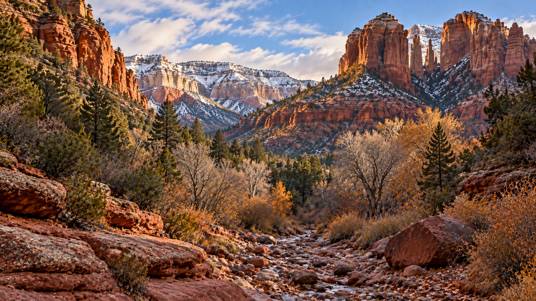 Oak Creek Canyon in cooler season with a rocky creek bed, autumn trees, and snow on distant red rims