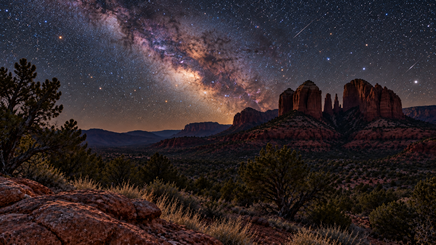 Milky Way over dark Sedona red rock silhouettes from an empty overlook