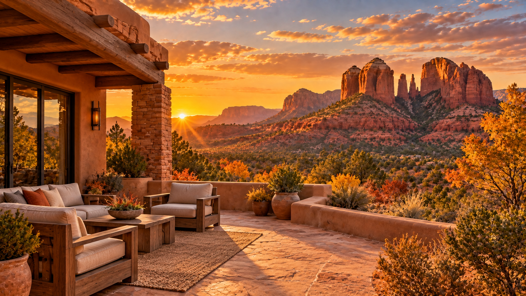 Empty adobe patio with wooden seating facing Sedona red rocks at sunset