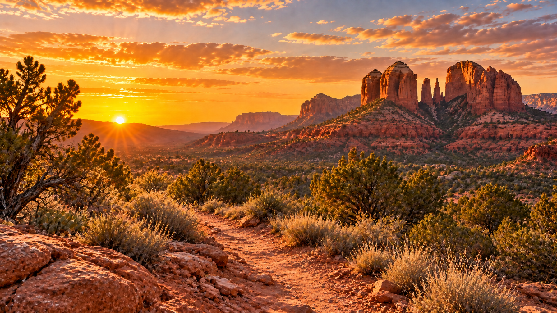 Empty sandstone hiking path toward Sedona red rock buttes at sunset