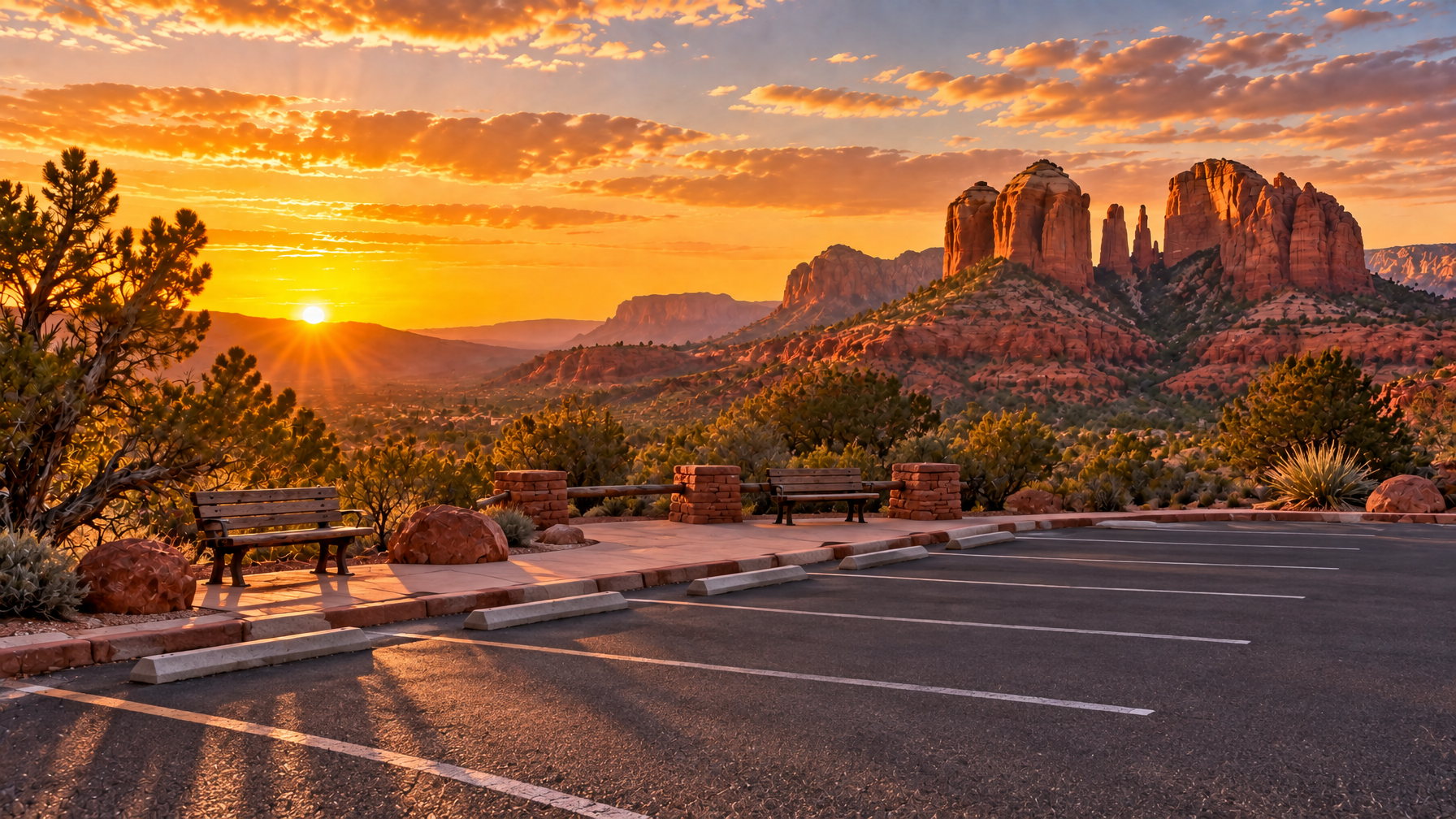 Empty Sedona overlook parking lot with benches and red rocks at sunrise