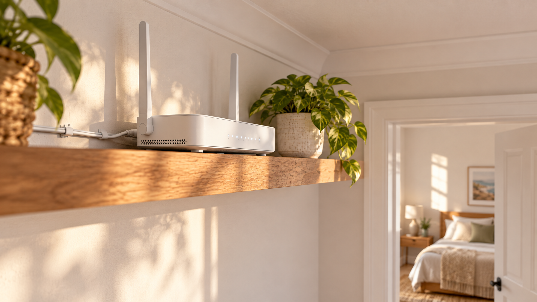 White dual-antenna wireless router on a high oak shelf with a routed ethernet cable, plants, and an open doorway to a sunlit bedroom