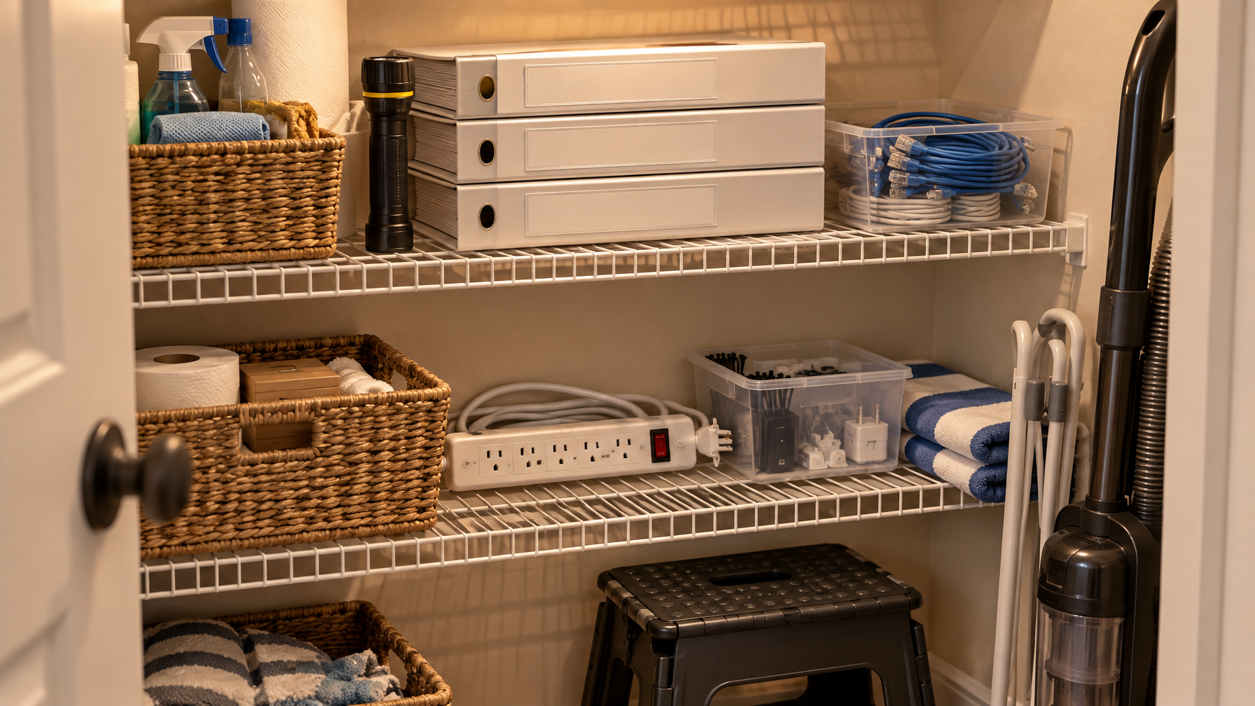 Utility closet with wire shelves holding blank binders, coiled blue ethernet cables, a power strip, flashlight, baskets, and a vacuum