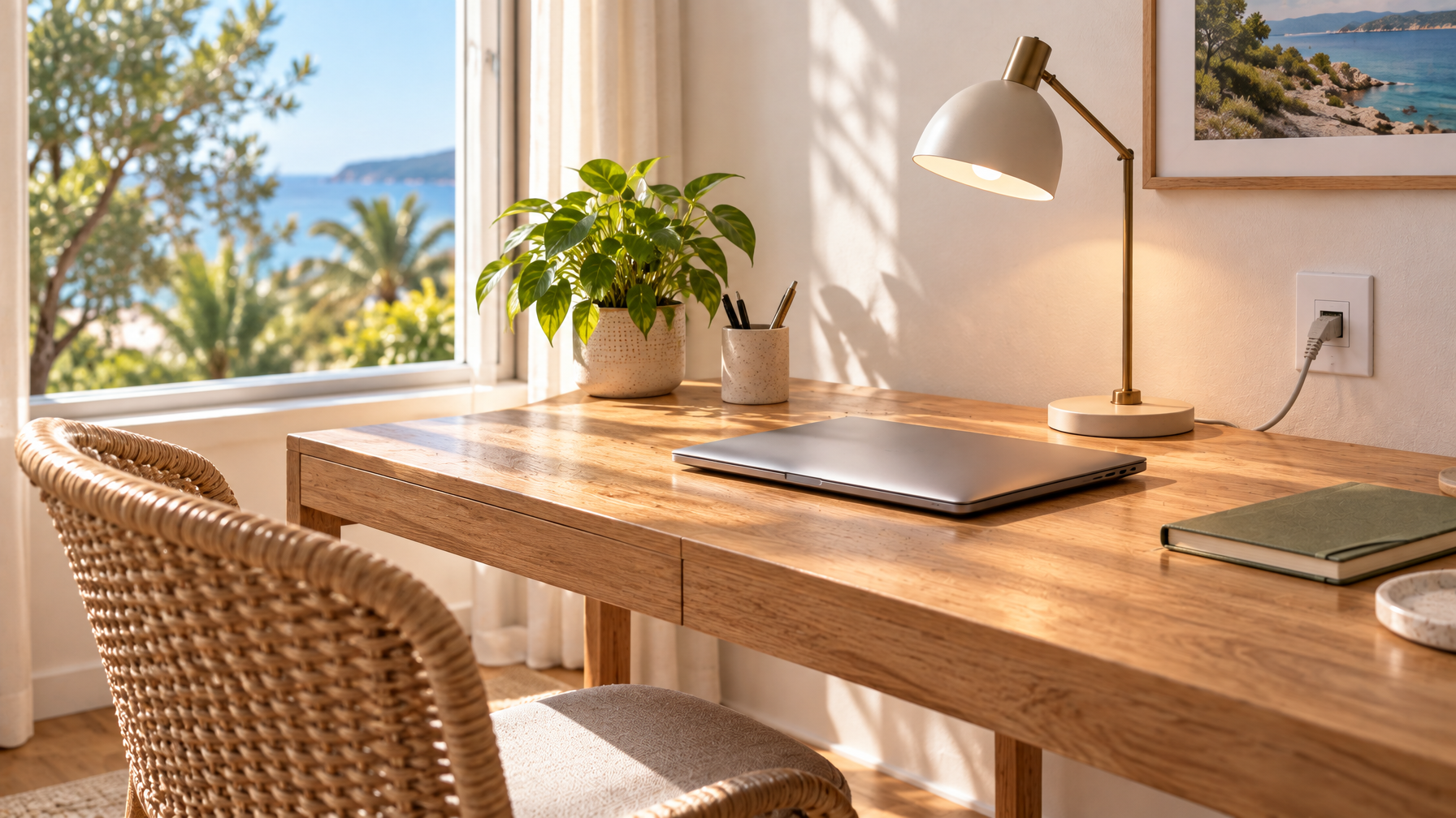 Oak work desk with closed silver laptop, brass desk lamp, ethernet plug on the wall, rattan chair, and a window to trees and water