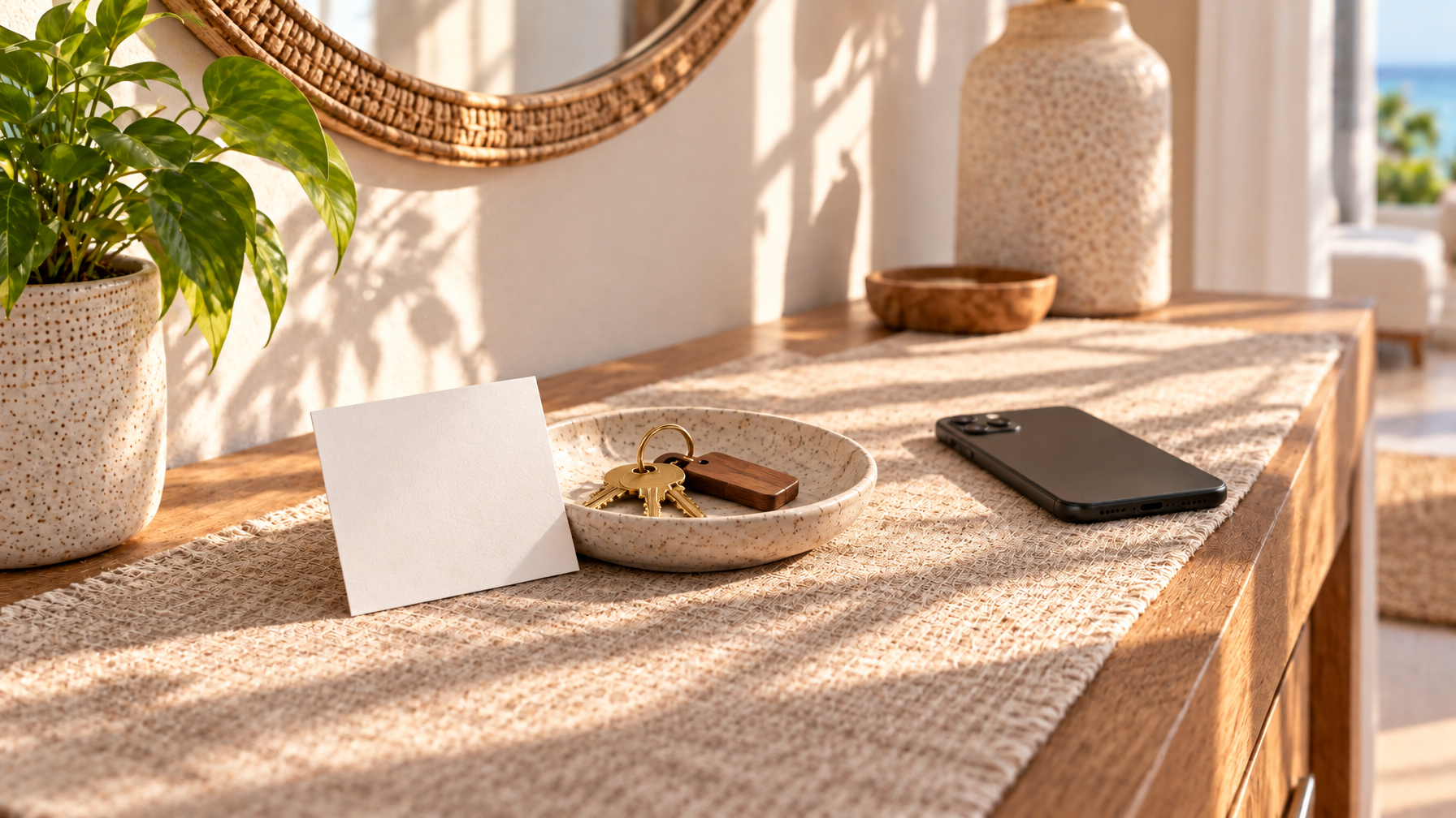 Entry console with a blank white card, brass keys in a ceramic dish, face-down black phone, plant, and woven runner in morning light