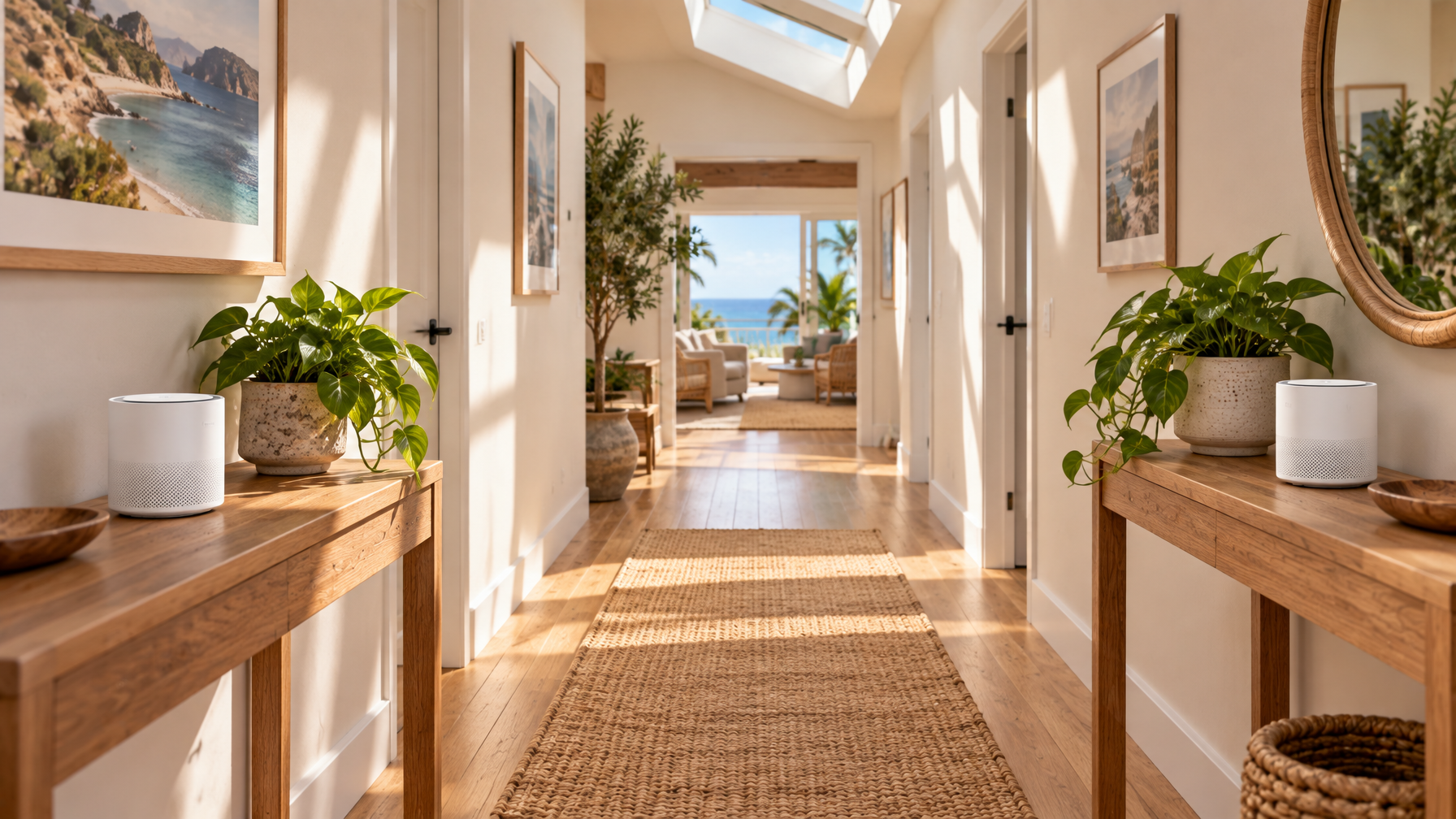 Long sunlit hallway with two matching white mesh Wi-Fi nodes on oak consoles, a jute runner, skylight, and ocean living room at the far end