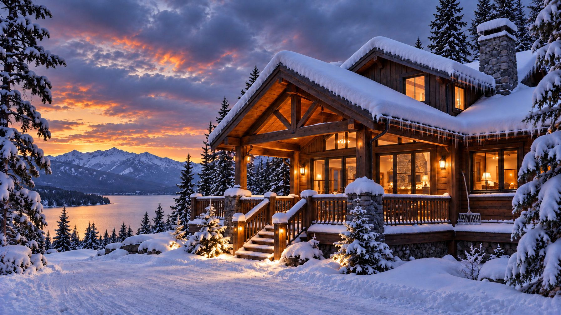 Snow-laden cabin roof with icicles, a metal snow rake on the porch rail, empty stairs, and a lake at sunset