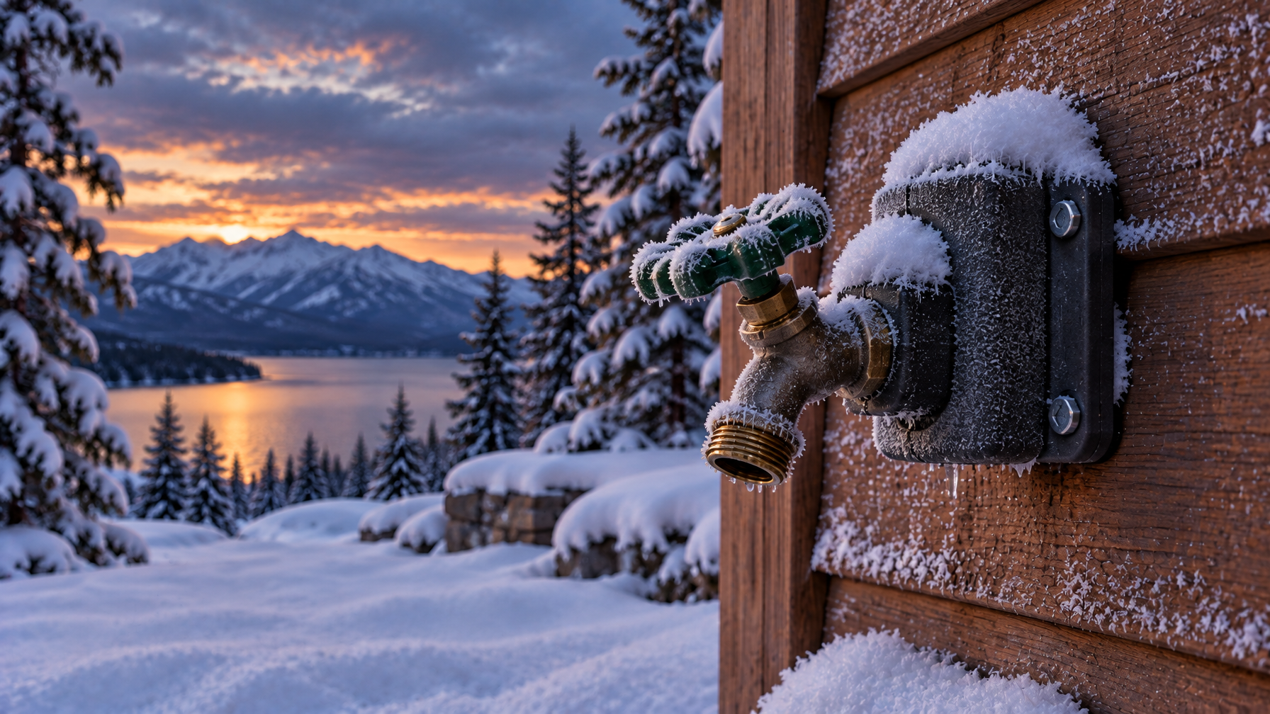 Frosted outdoor hose bib with a green handle and foam cover on wood siding, snowy pines and a lake at sunset, no people