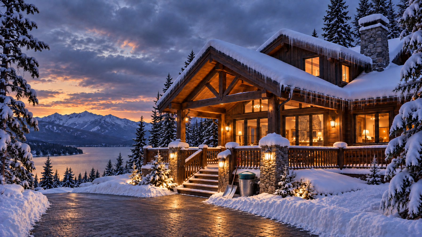 Cleared wet stone driveway to a lit timber cabin, snow shovel and ice-melt bucket by the steps, empty scene at dusk