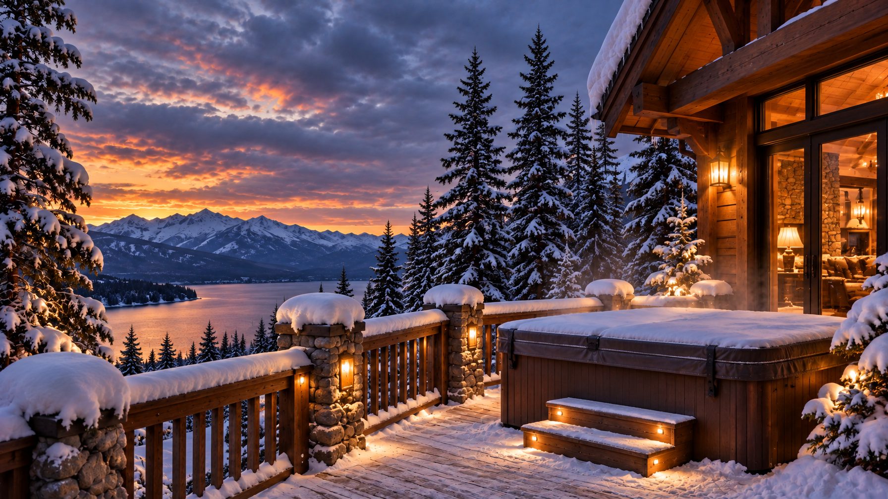 Covered hot tub on a snowy timber deck at twilight with steam at the lid, lake and mountains beyond, no people