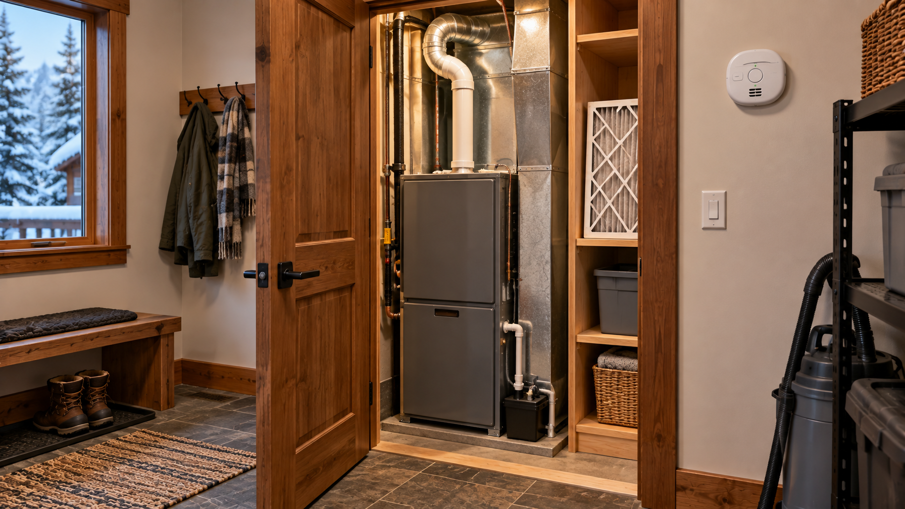 Open furnace closet with a gray HVAC unit, spare filter on a shelf, and a white carbon monoxide alarm on the wall, no readable brands