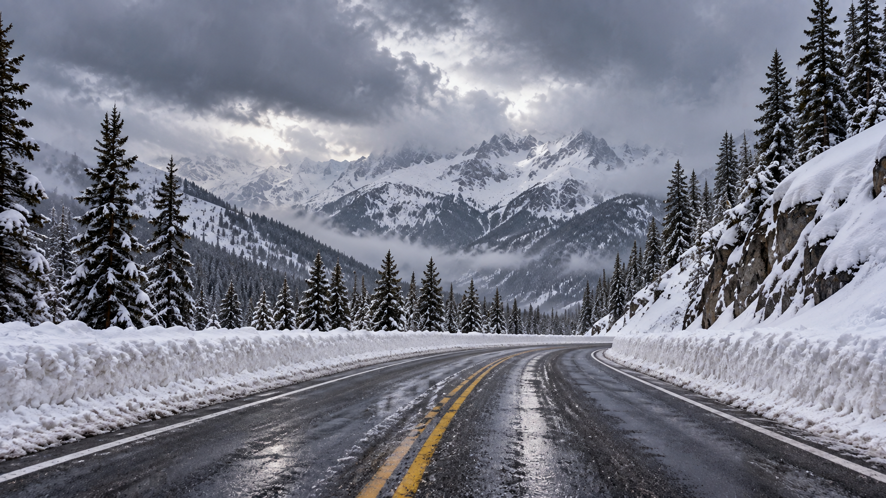 Wet two-lane mountain highway with yellow center lines, high snowbanks, pines, and storm clouds over snow peaks