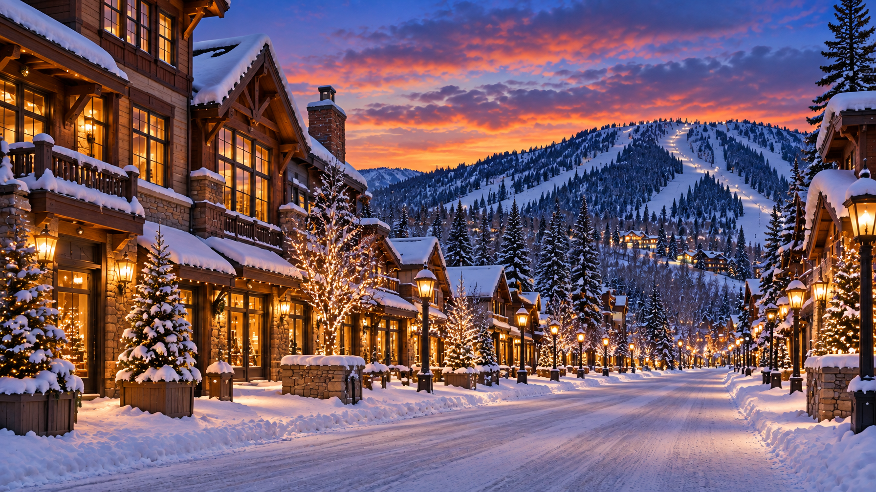 Empty snowy alpine village street at dusk with timber lodges, glowing windows, lamp posts, and a lit ski mountain in the background