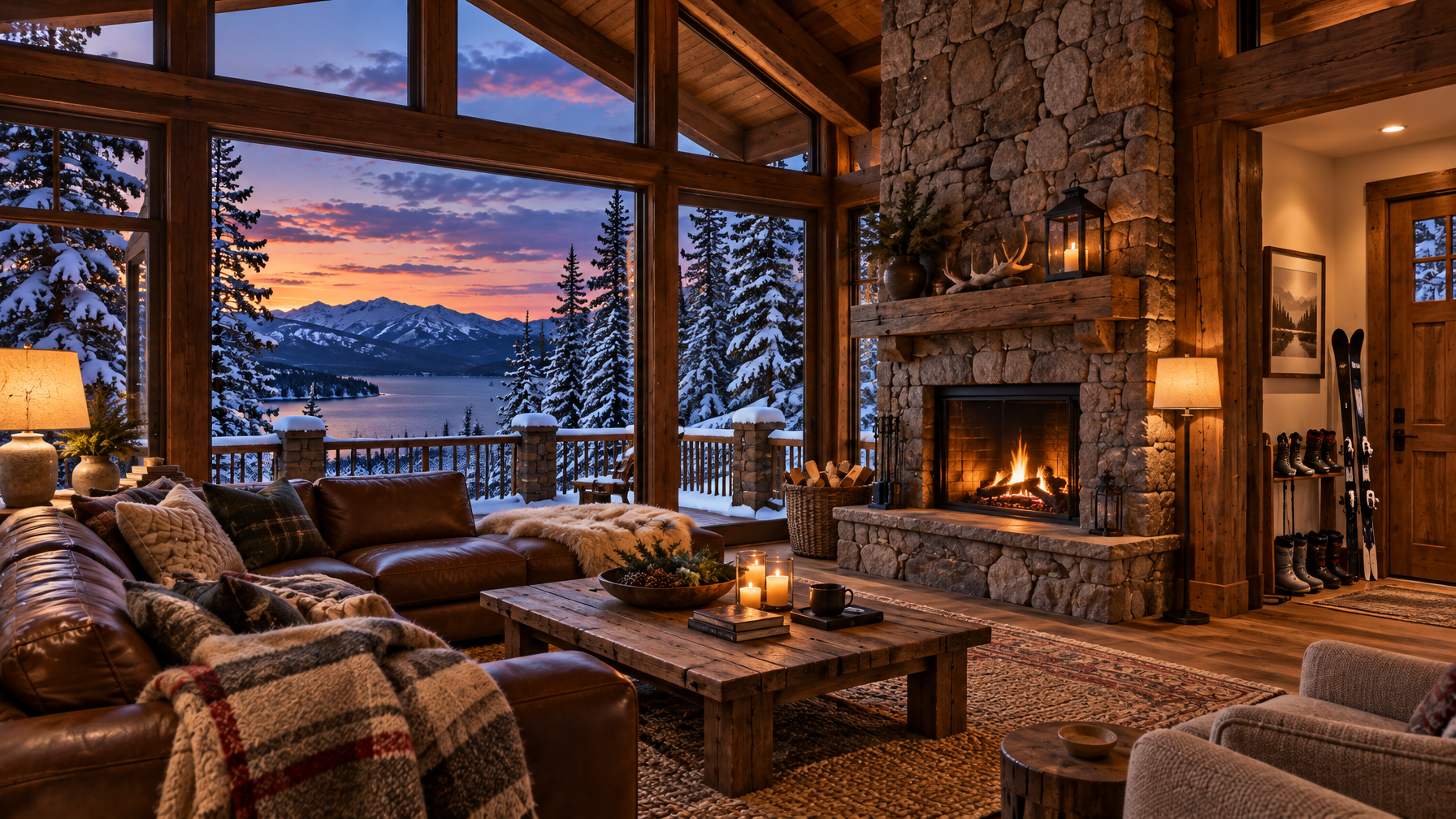 Timber-frame cabin living room with leather sofas, stone fireplace, ski boots by a wood door, and floor-to-ceiling windows facing a snowy lake at sunset