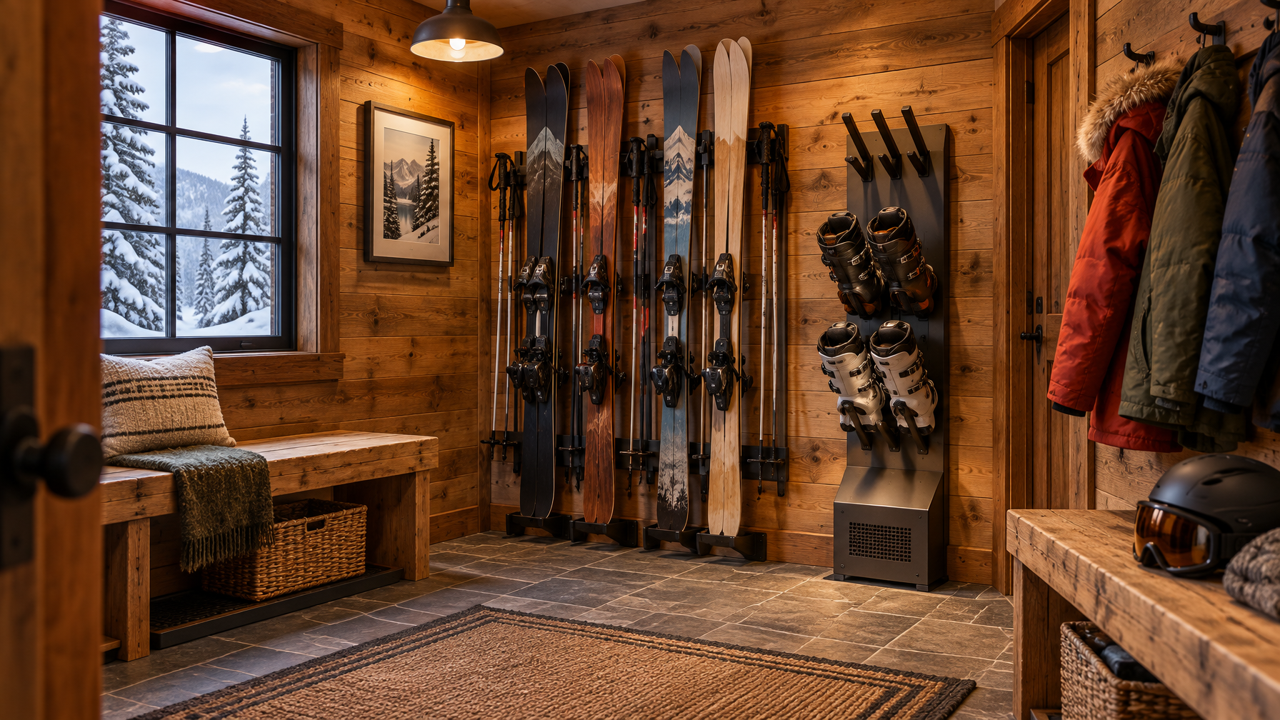 Wood-paneled ski mudroom with wall-mounted skis and poles, a boot dryer, hanging parkas, and a window of snowy pines