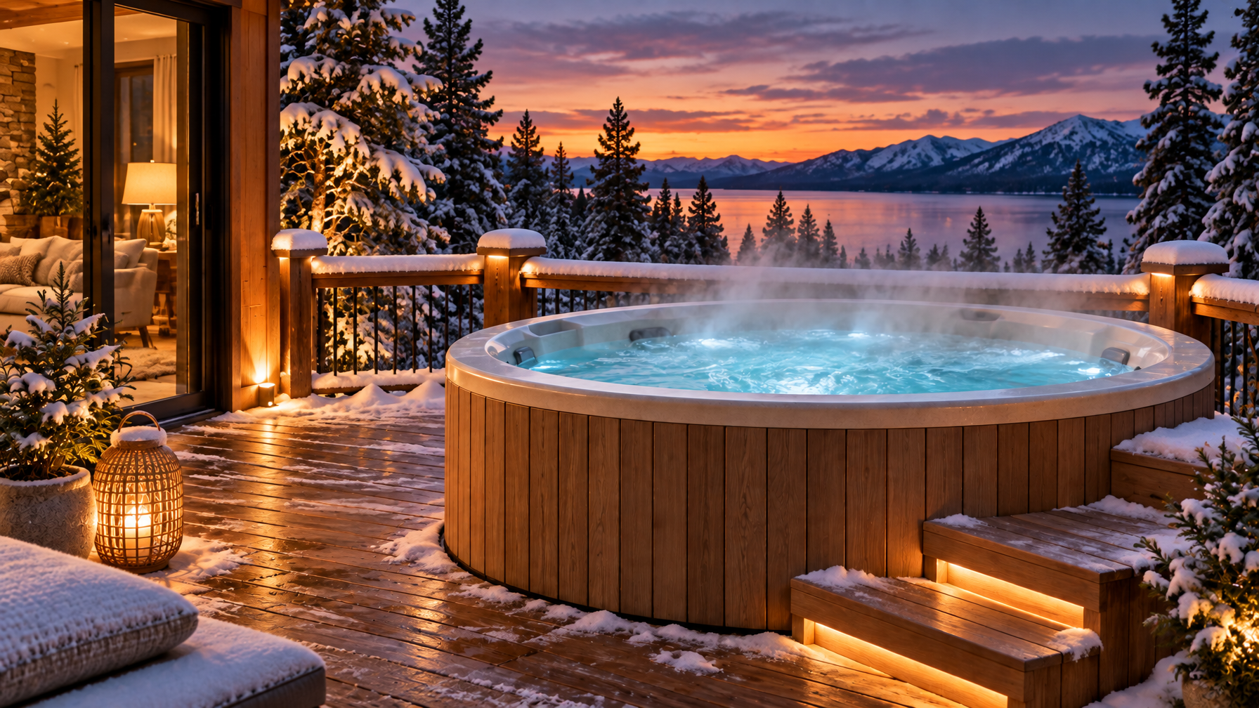 Round cedar-clad hot tub steaming on a snowy wooden deck at twilight with lake and snow peaks beyond the pines