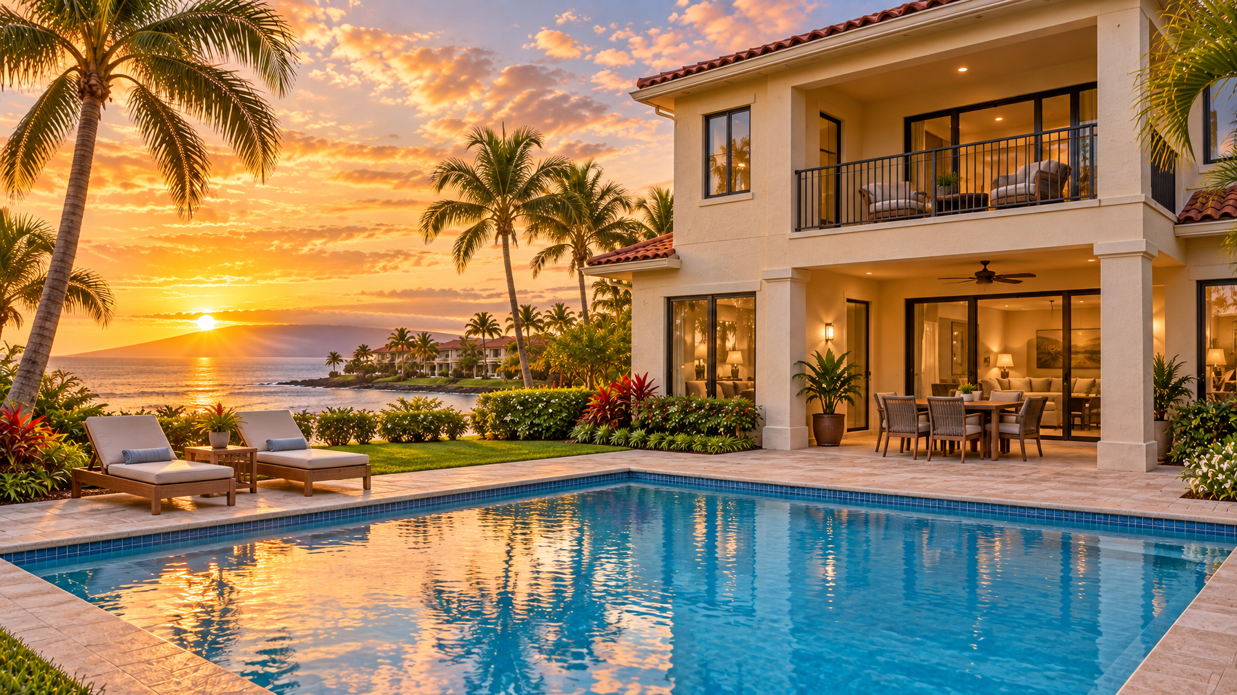 Empty South Maui pool deck at sunset with a two-story stucco house, palms, and ocean light, no people