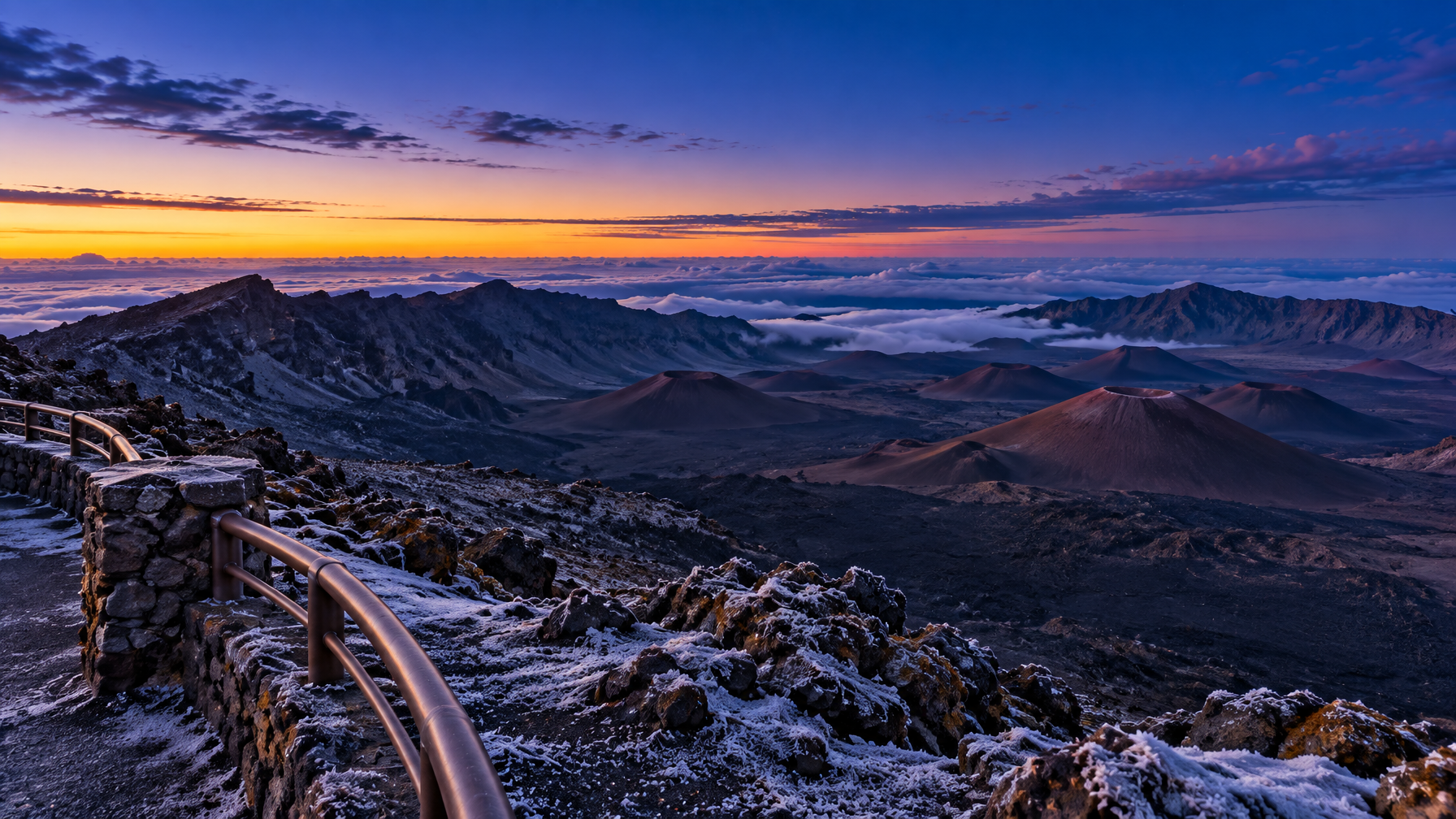 Haleakala crater at blue hour with cinder cones, frost on lava, and an empty stone-and-metal railing, no people