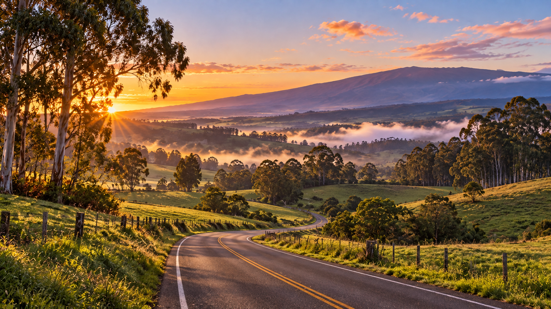 Empty Upcountry two-lane road through green pastures, eucalyptus, mist, and Haleakala on the horizon at sunrise, no people