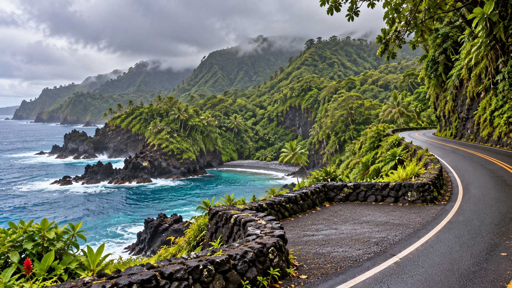 Empty winding coastal highway above a turquoise cove, black lava, rainforest cliffs, and a stone wall pullout, no people