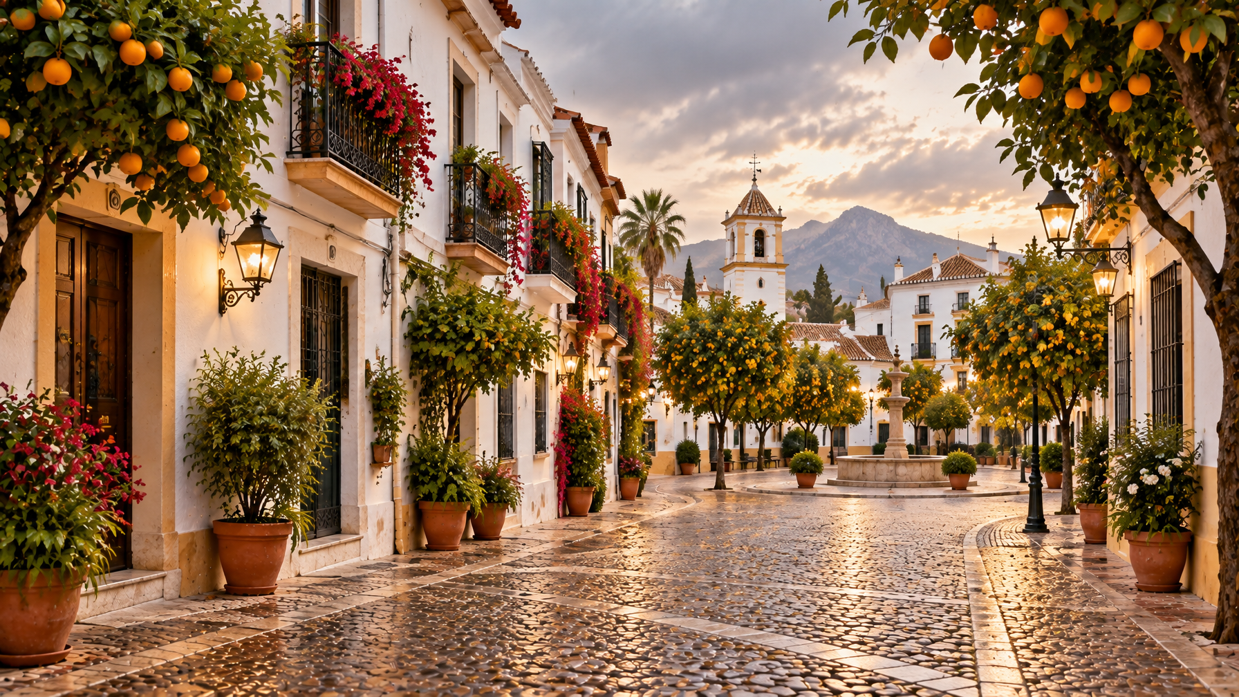 Empty cobbled Marbella square at dusk with whitewashed houses, orange trees, a stone fountain, and a church tower