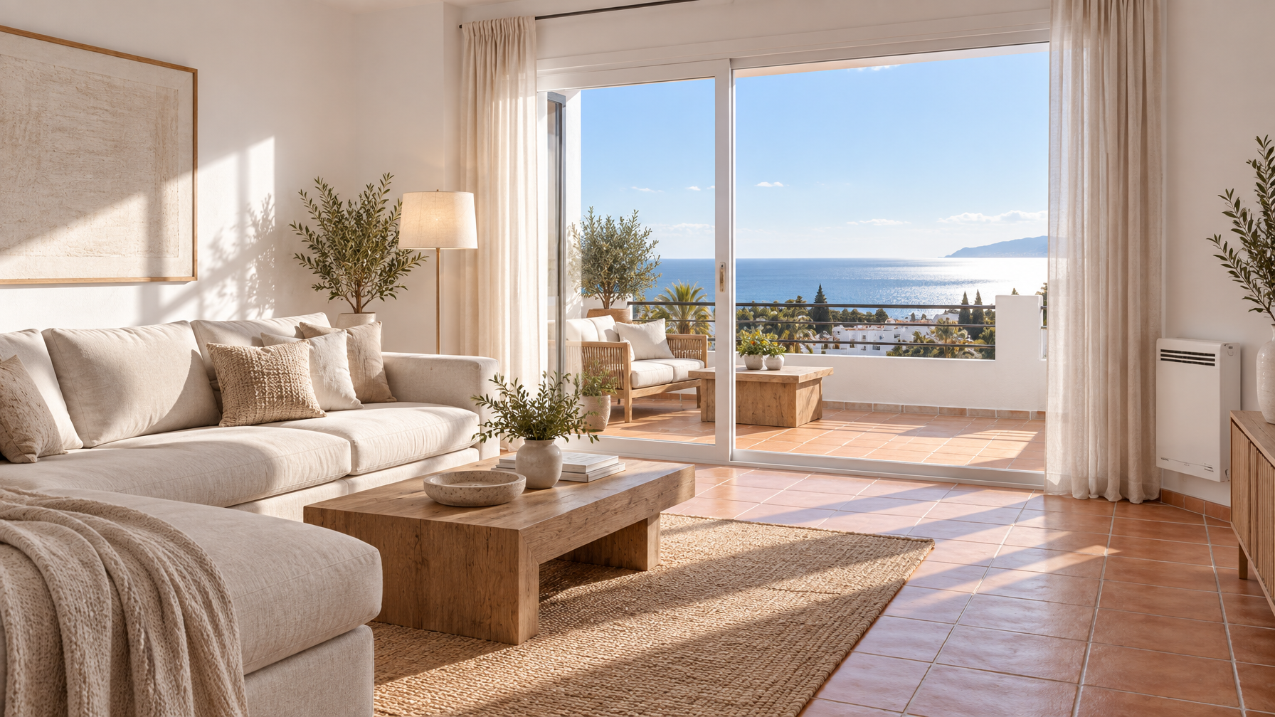 Empty Costa del Sol living room with linen sofa, terracotta floor, wall heater, and open glass doors to a terrace over the winter sea