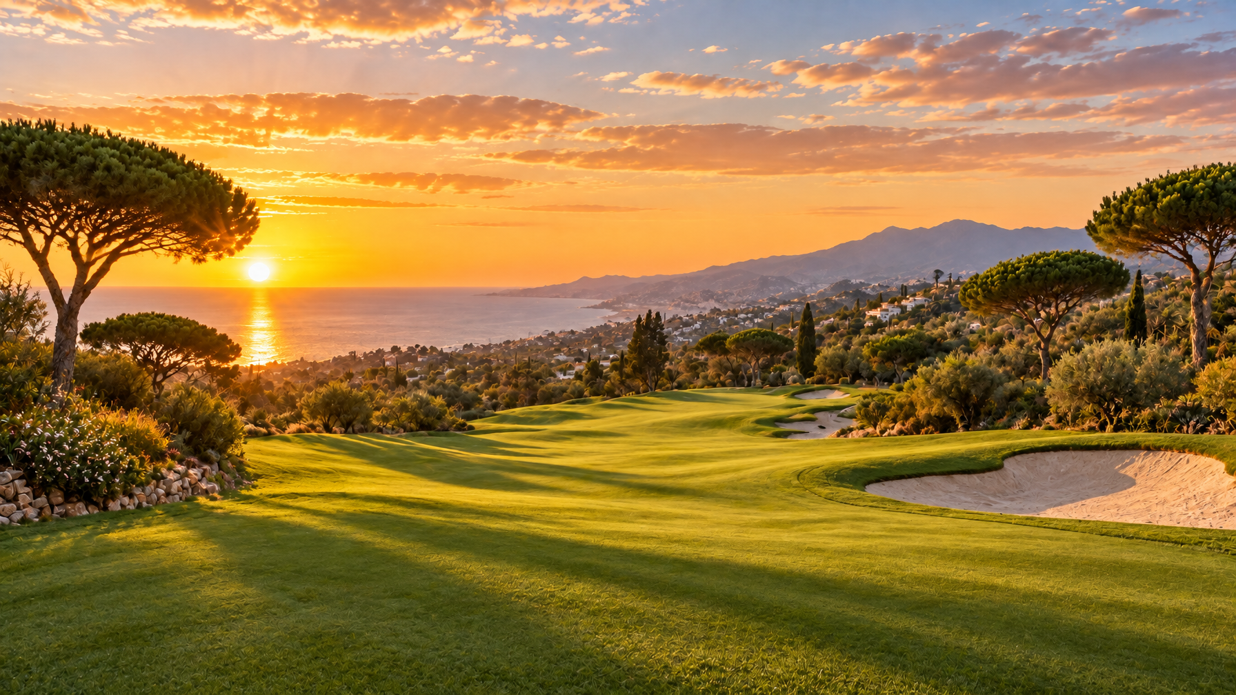 Empty Costa del Sol golf fairway at sunset with umbrella pines, sand bunkers, and the Mediterranean on the horizon