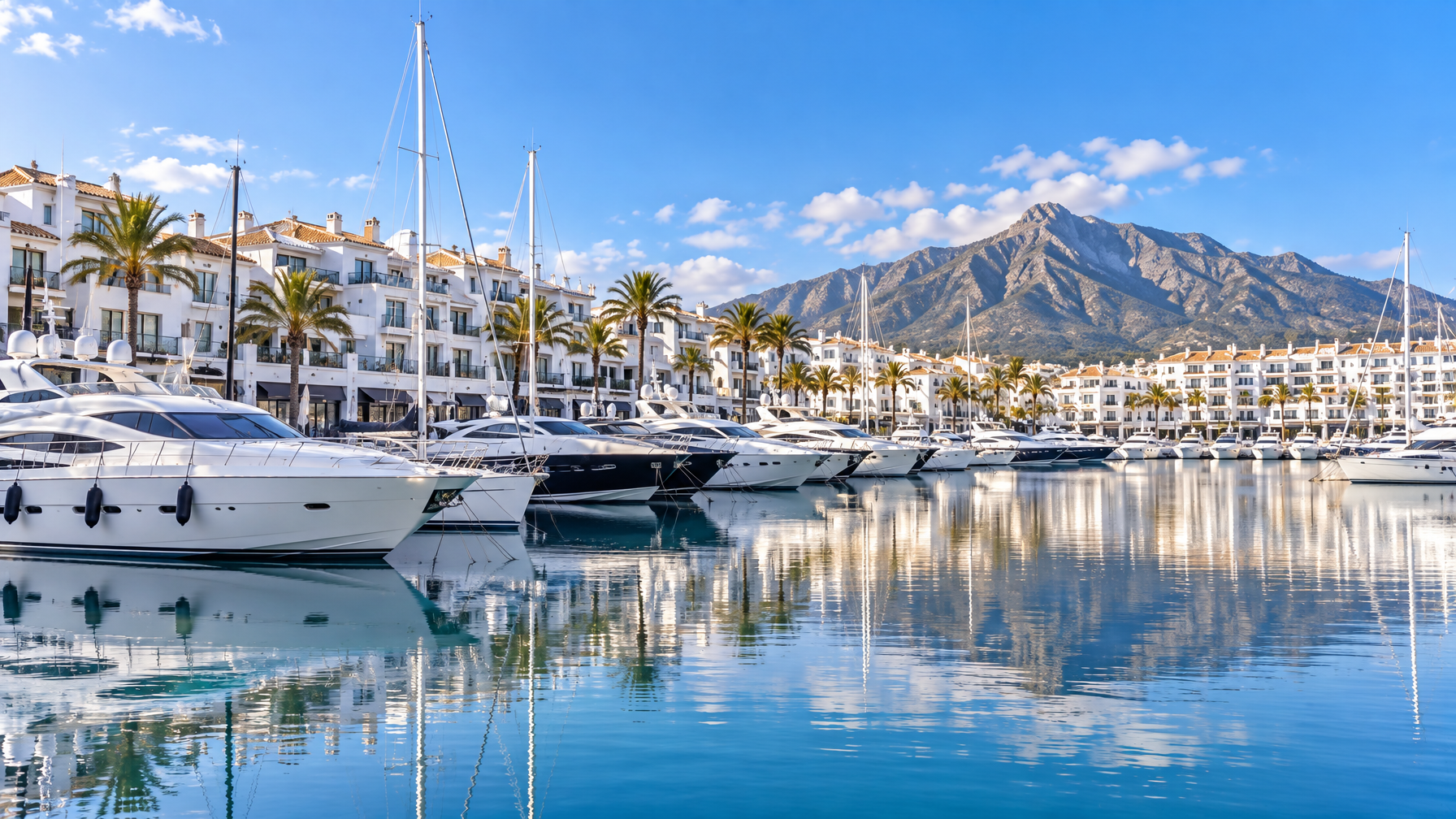 Empty Puerto Banús marina with white yachts, still water, palm-lined white apartment blocks, and mountains beyond
