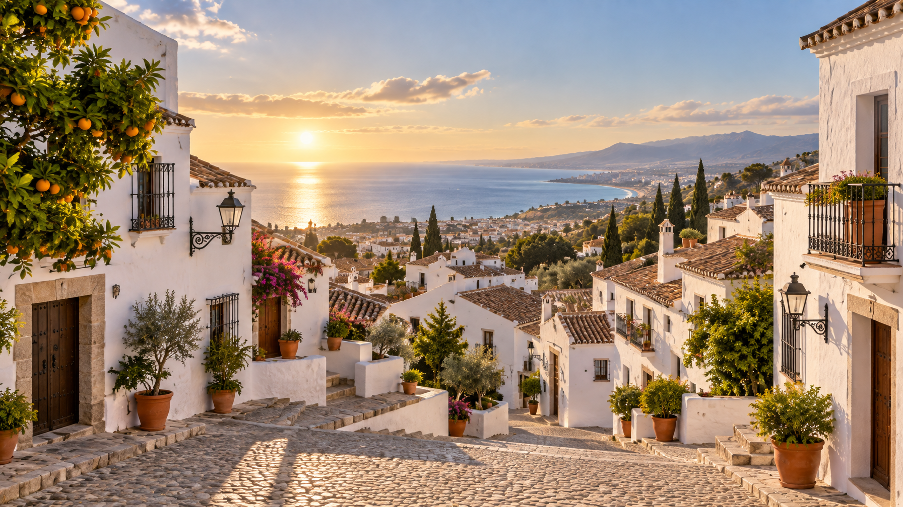 Empty white hillside village street with terracotta pots, cobbles, and a sunset sea view along the Costa del Sol