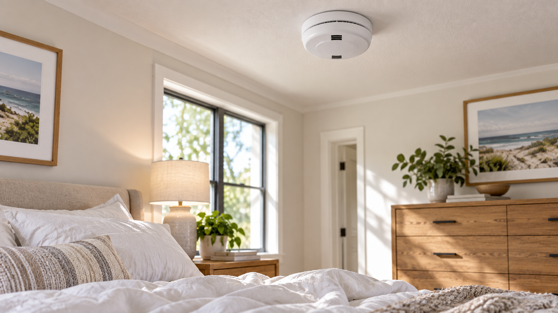 White ceiling smoke alarm above rumpled white bedding, oak dresser, and a sunlit bedroom window