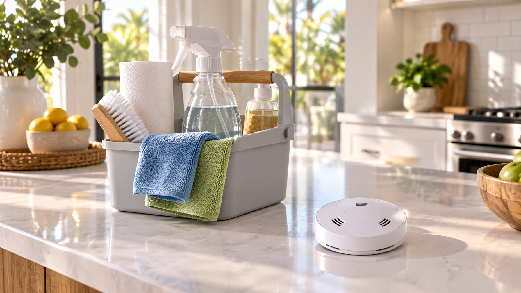 Gray cleaning caddy with spray bottle, cloths, and a white smoke alarm on a marble kitchen island during turnover