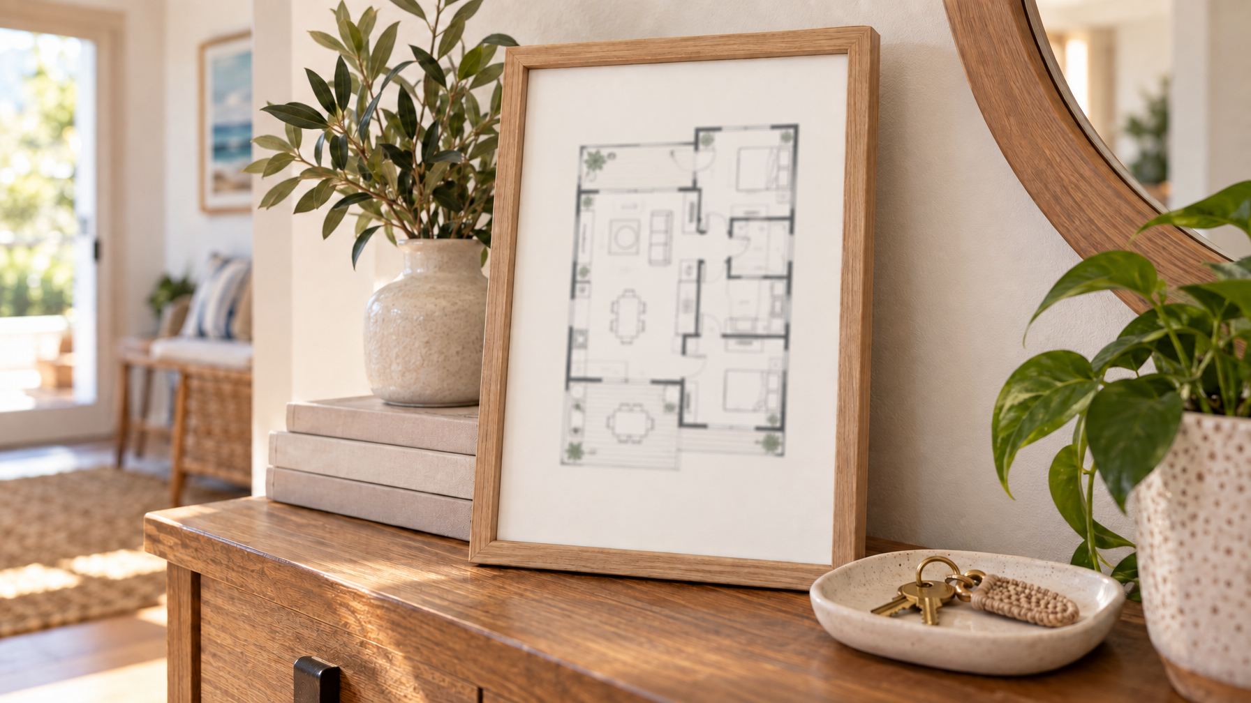 Framed unlabeled floor plan on a wood entry console with brass keys in a ceramic dish and a round wall mirror