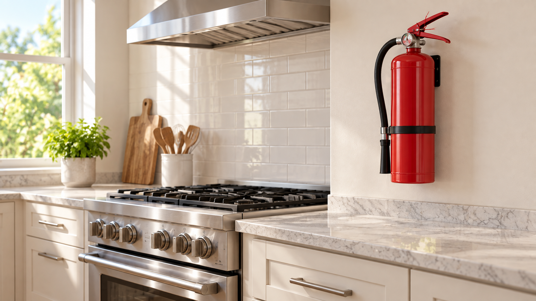 Red fire extinguisher mounted on a cream kitchen wall beside a stainless gas range, white subway tile, and marble counters