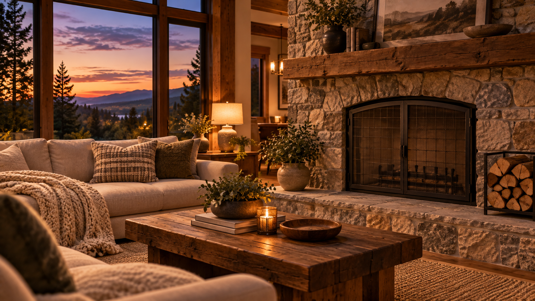 Stone fireplace with a closed black mesh screen, stacked firewood, cream sofa, and mountain sunset through tall windows