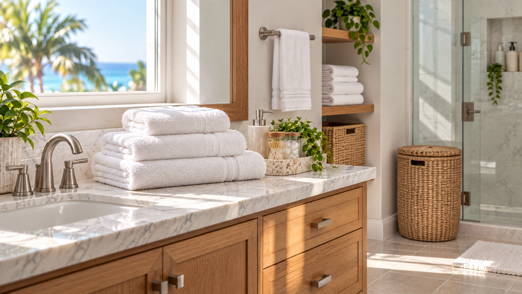 Bathroom vanity with stacked white towels, toiletry tray, woven hamper, and palms outside the window