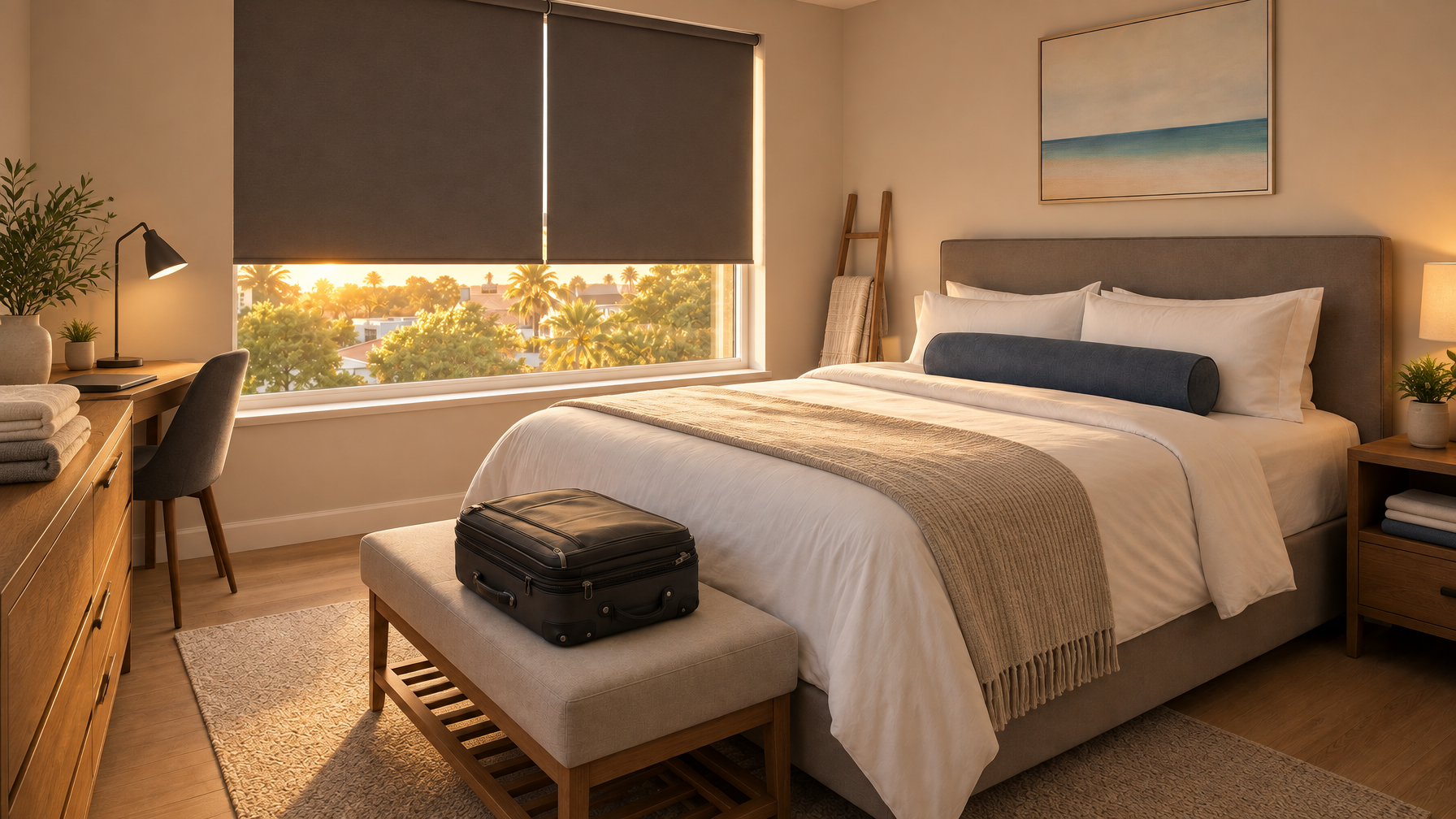 Bedroom with gray roller shades, made bed, black suitcase on a bench, folded towels on a dresser, and desk lamp