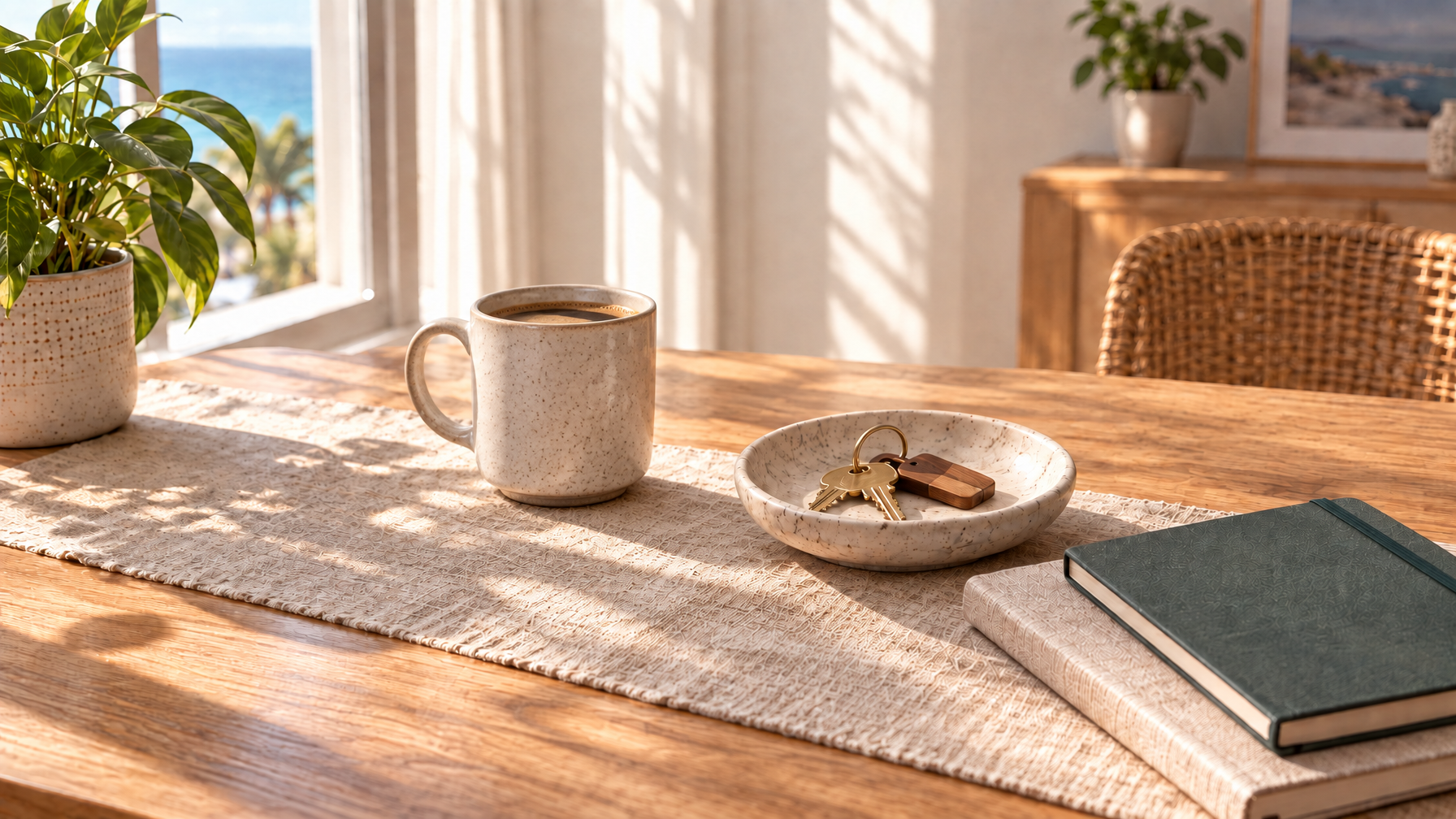 Wooden dining table with coffee mug, ceramic dish holding brass keys, closed notebooks, and a potted plant in morning light