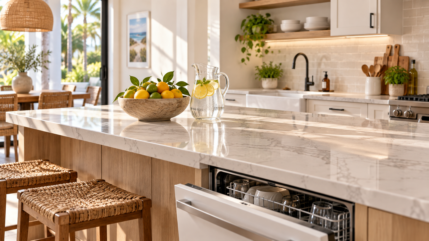 Marble kitchen island with citrus bowl, lemon water pitcher, open dishwasher, and woven stools in afternoon light