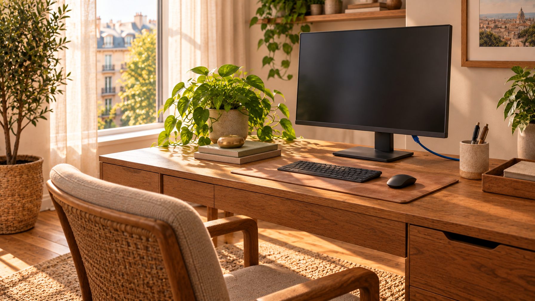 Wooden desk with dark monitor, keyboard, blue ethernet cable, plants, and a woven chair by a city window