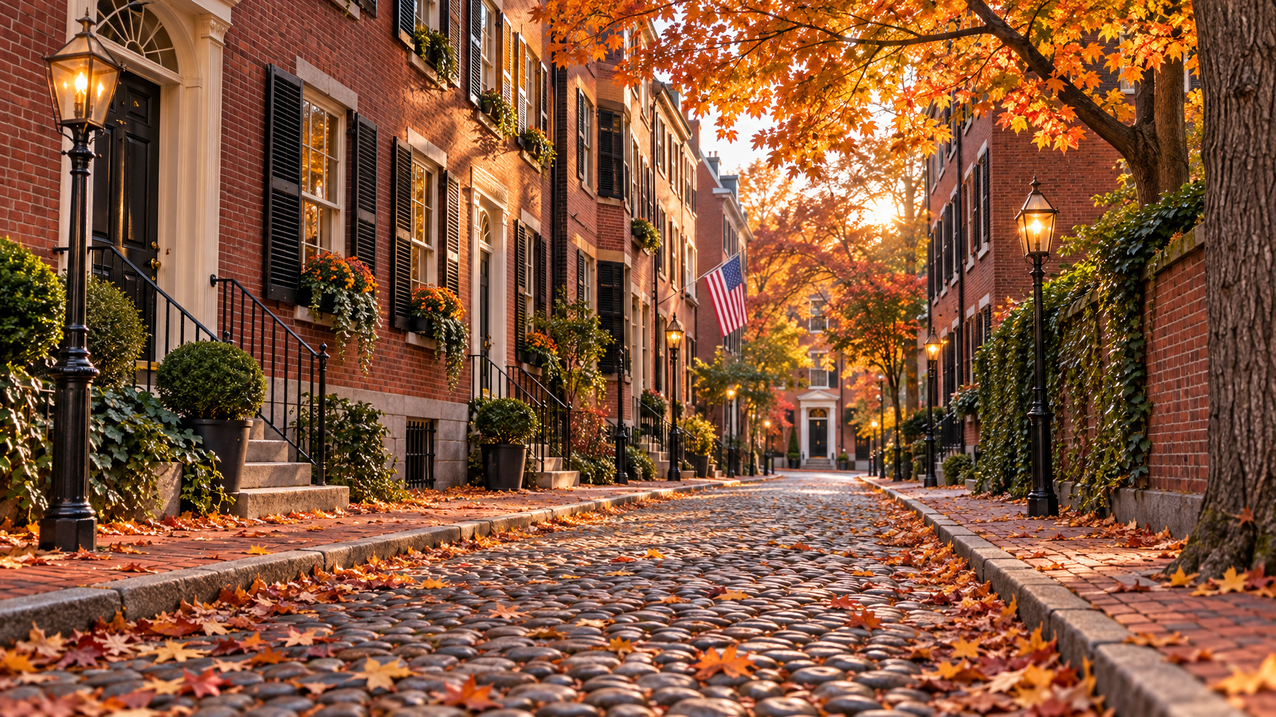 Empty Beacon Hill cobblestone street with brick townhouses, black shutters, gas lamps, autumn leaves, and an American flag at sunset