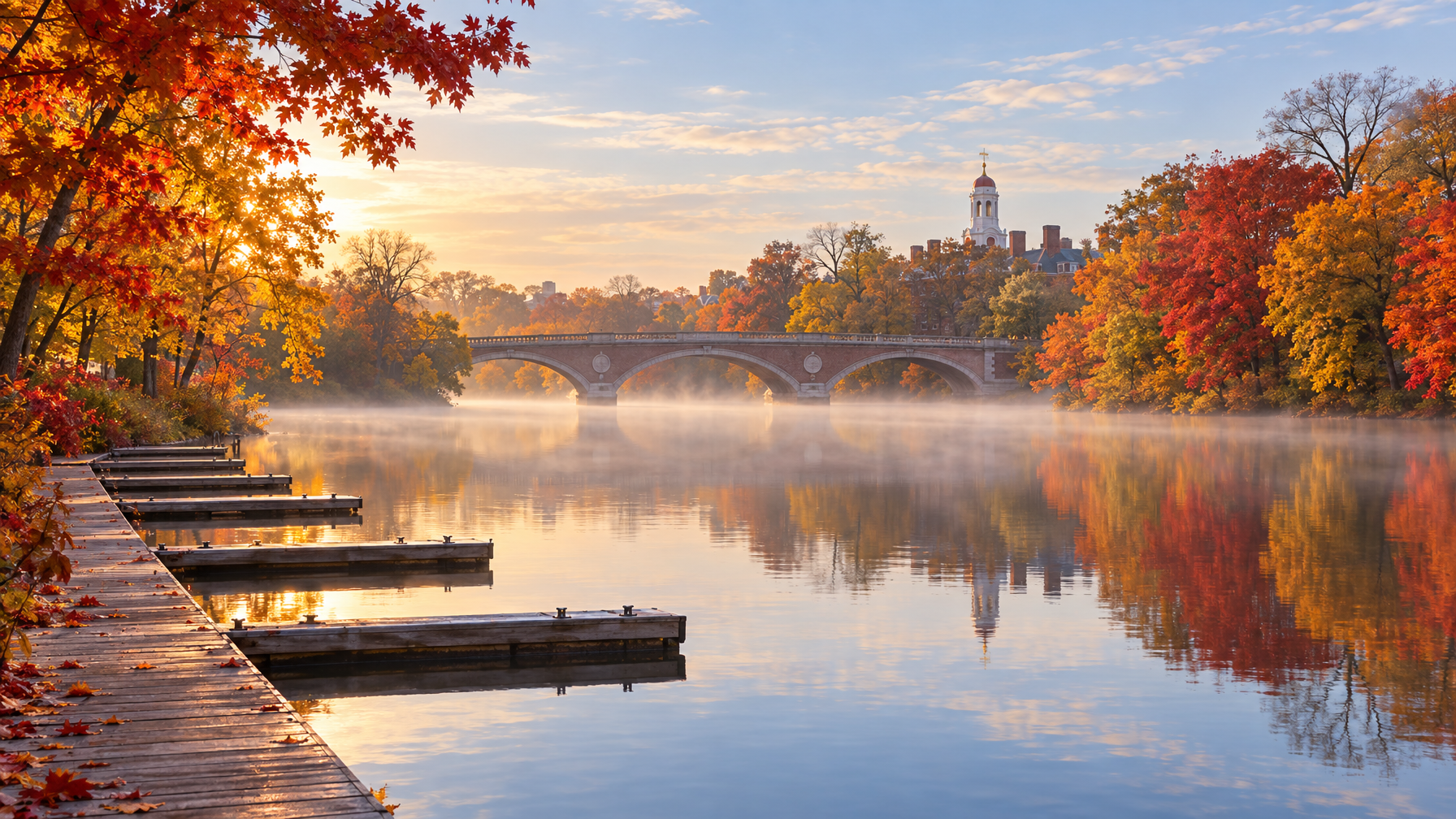 Misty Charles River at sunrise with empty wooden docks, autumn trees, a brick arched bridge, and a distant cupola reflected in still water