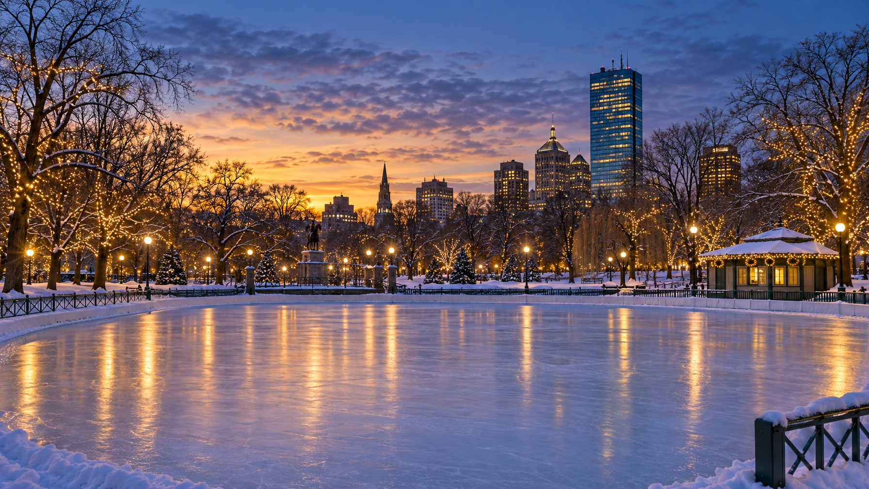 Empty snow-covered ice rink at dusk with string lights in bare trees, a small pavilion, and the Boston skyline including a tall glass tower