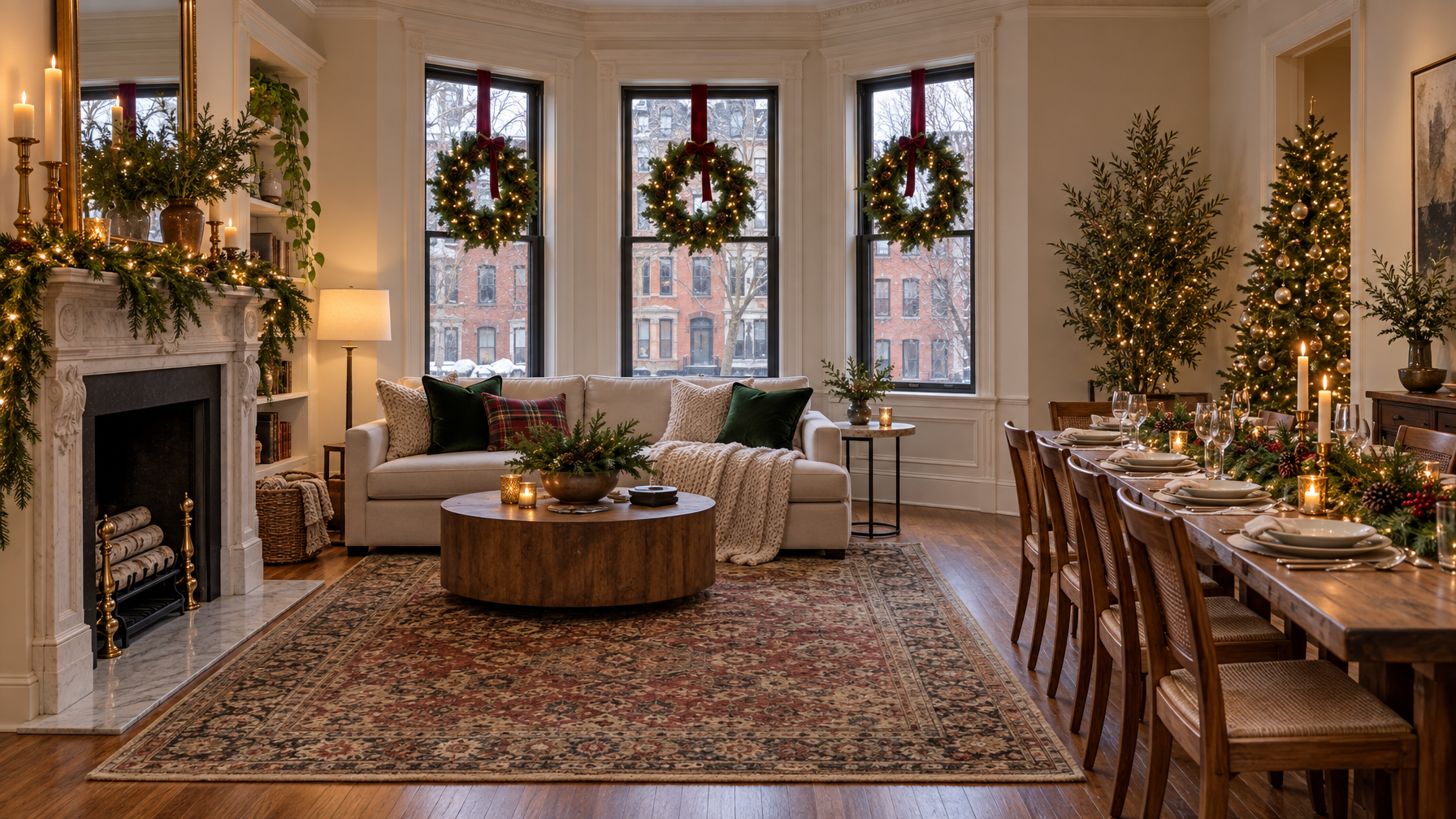 Empty brownstone living room with bay-window wreaths, marble fireplace, cream sofa, Persian rug, and a long dining table set with greenery and candles