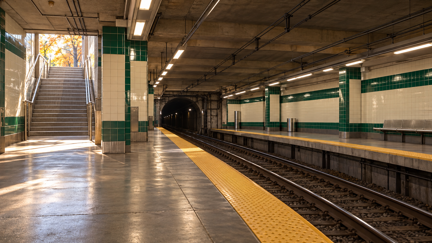 Empty subway platform with green and white tiles, yellow tactile strip, empty tracks, and autumn trees visible at the top of a stairwell