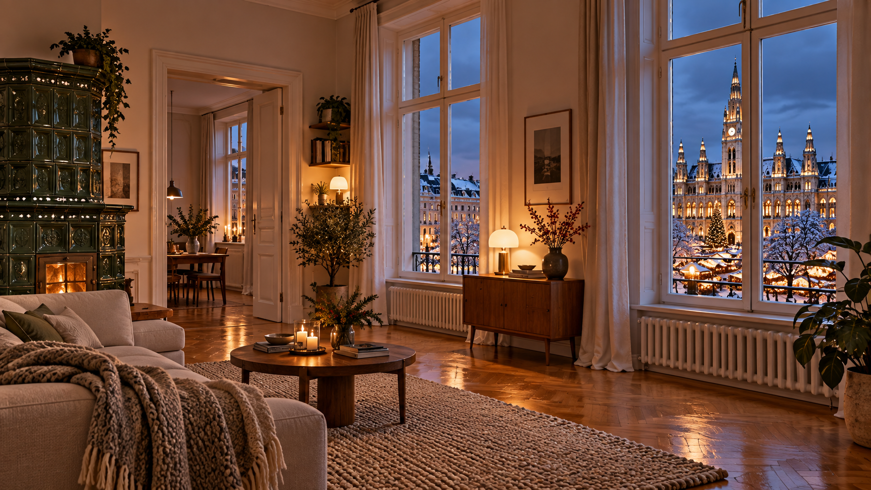 Warm empty Vienna living room with a green tiled stove, parquet floors, and tall windows looking onto an illuminated neo-gothic city hall and Christmas market at dusk