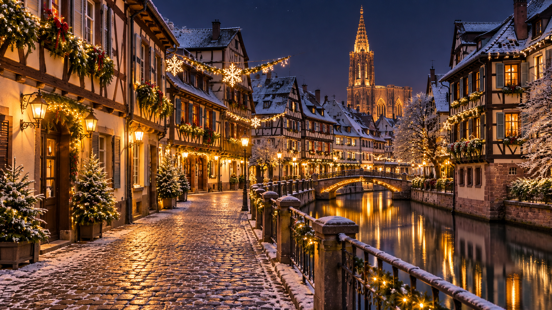 Empty snowy Petite France canal street in Strasbourg at night with half-timbered houses, Christmas lights, a stone bridge, and a distant cathedral spire