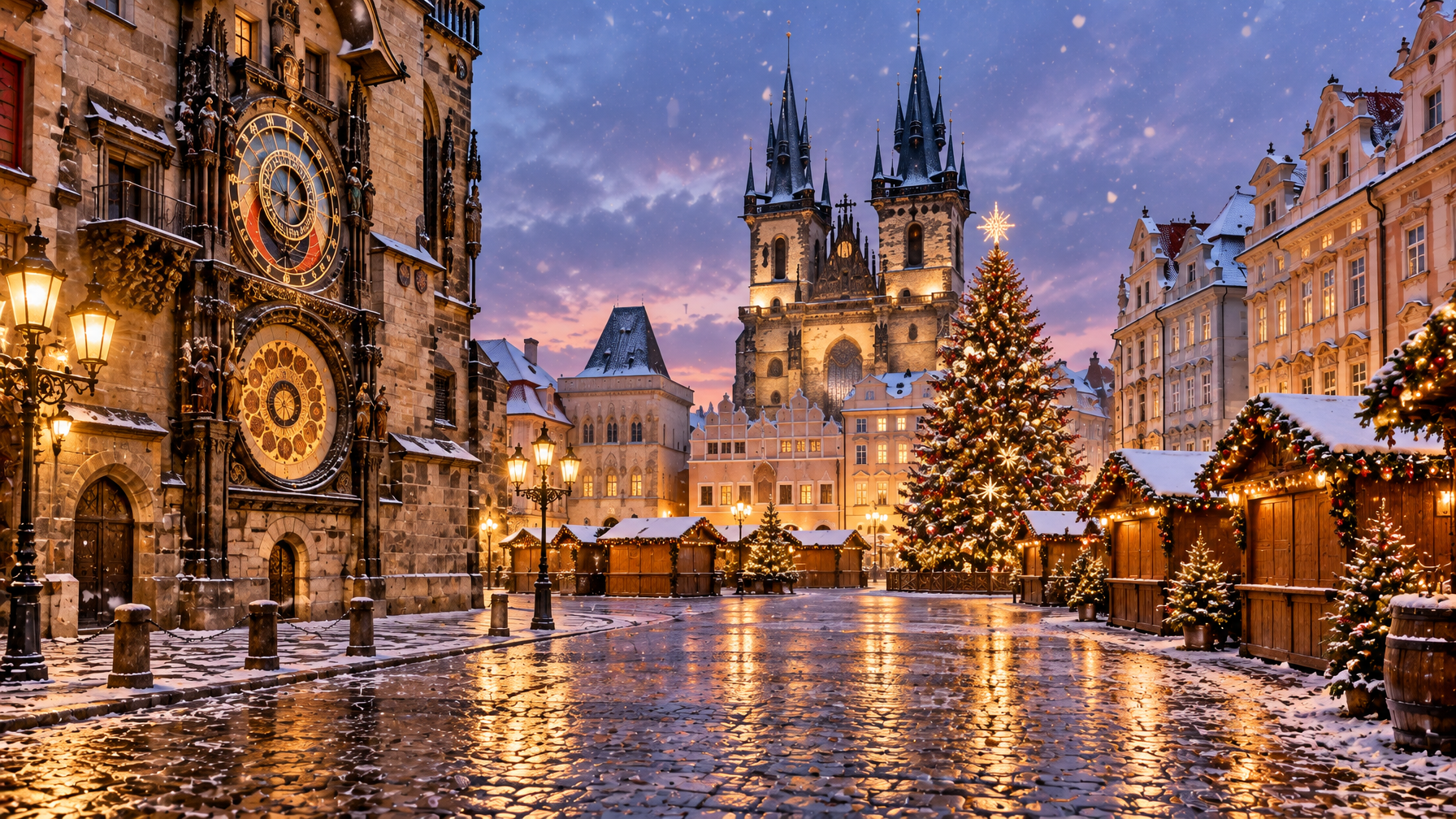 Empty Prague Old Town Square at twilight with the astronomical clock, Tyn Church towers, a lit Christmas tree, and closed wooden stalls on wet cobblestones